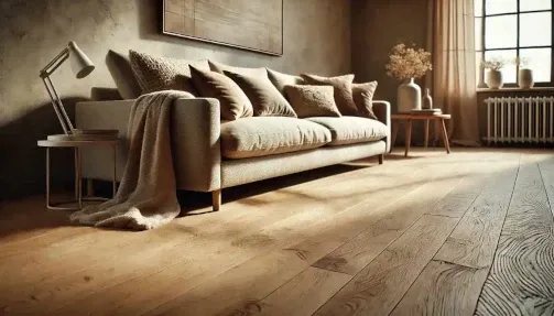Wohnzimmer mit warmem Holzboden, Sofa und behaglicher Beleuchtung