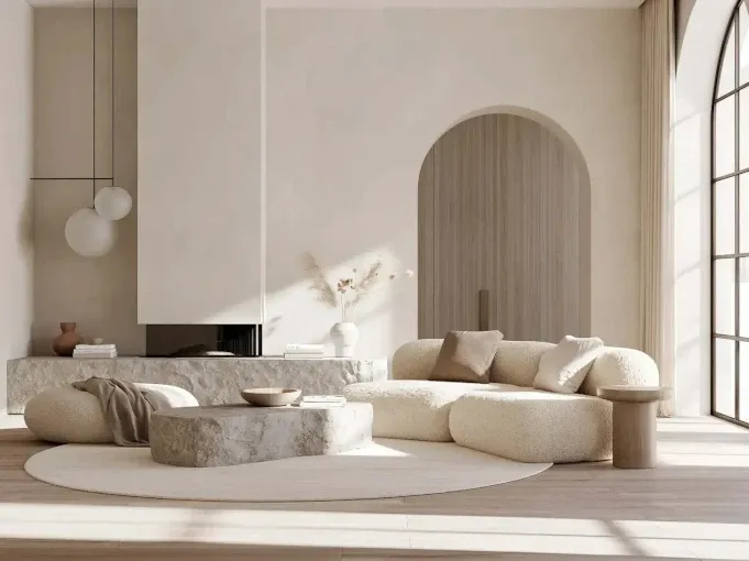 Moderner Wohnraum mit warmem Licht, markanter Architektur und stimmigen Naturtönen