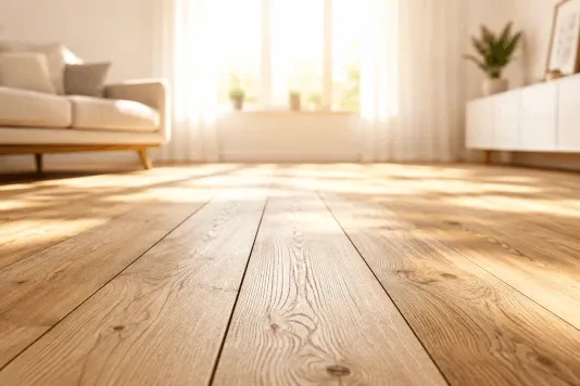 Wohnraum mit deutlich sichtbarem Holzboden, natürlichem Licht und Pflanzen