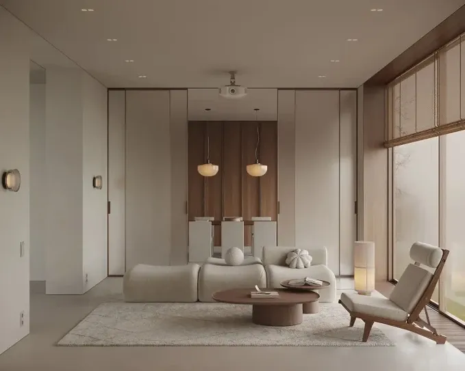 Heller minimalistischer Wohnraum mit Sofa, Holzdetails und großzügiger Atmosphäre
